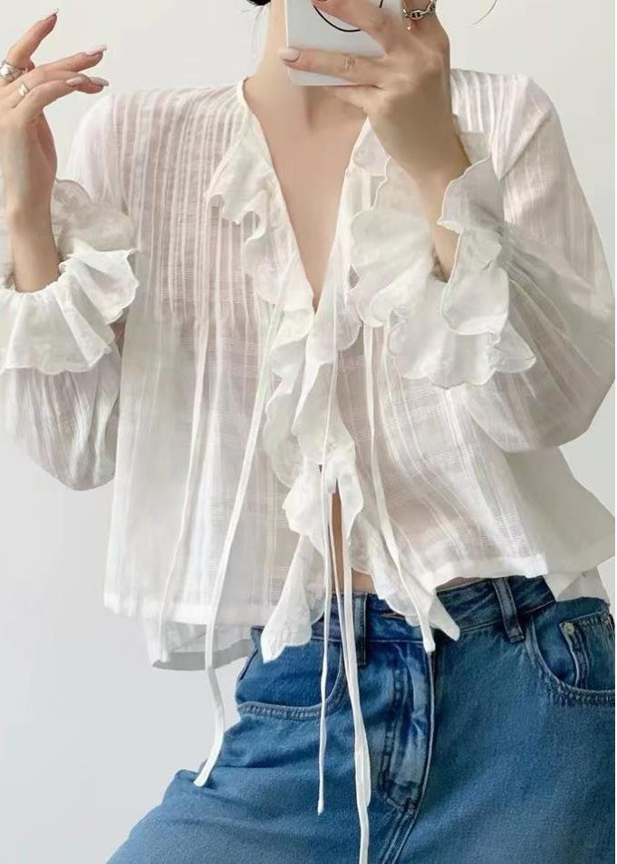 Simple White Ruffled Wrinkled Cotton Holiday Shirt Fall