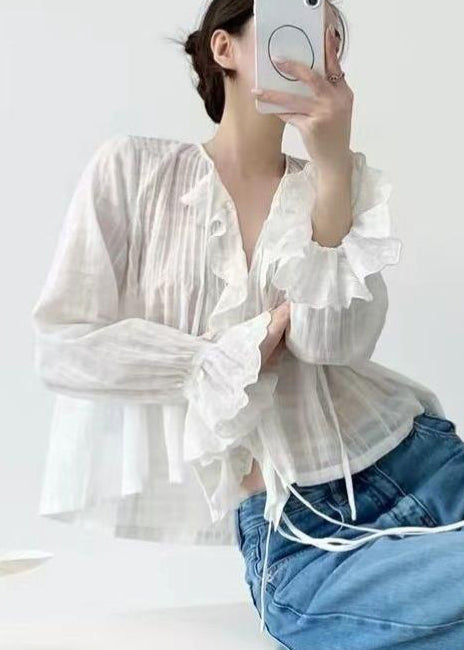 Simple White Ruffled Wrinkled Cotton Holiday Shirt Fall