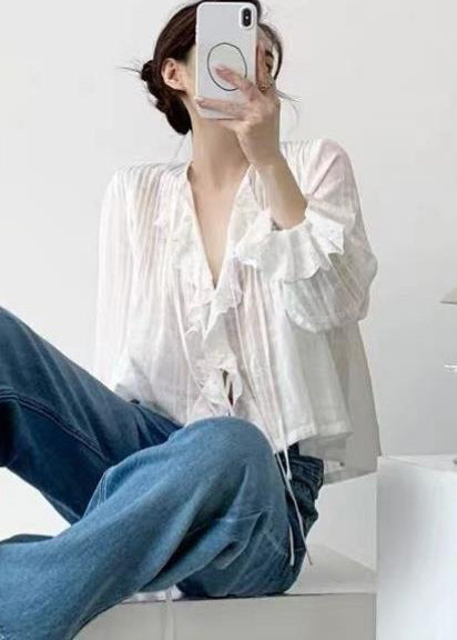 Simple White Ruffled Wrinkled Cotton Holiday Shirt Fall