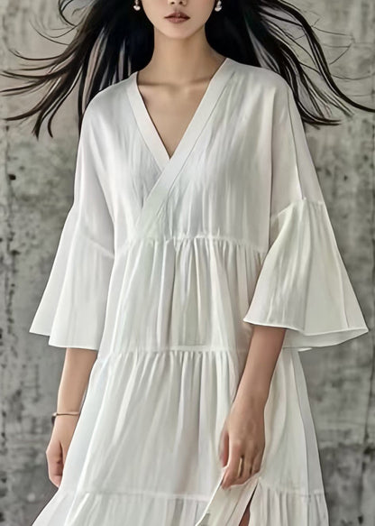 Simple White Side Open Wrinkled Cotton Long Dresses Summer