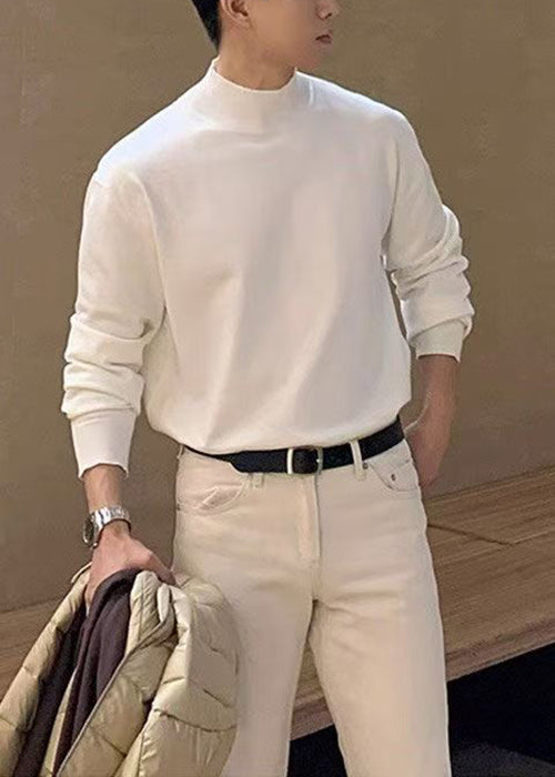 Simple White Solid Knit Mens Sweaters Turtleneck Winter