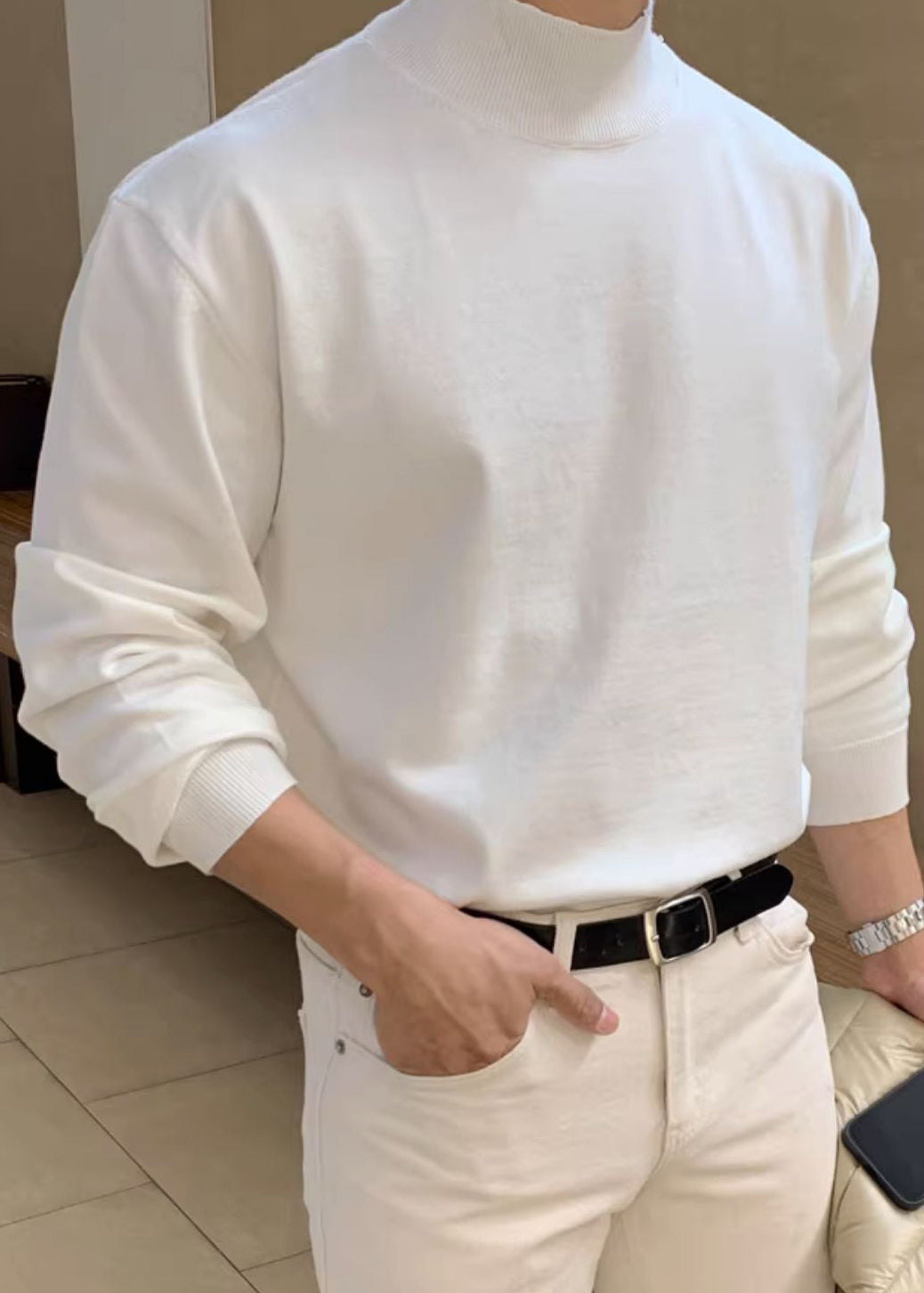 Simple White Solid Knit Mens Sweaters Turtleneck Winter