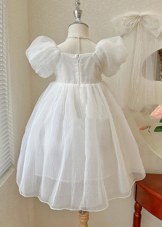 Simple White Square Collar Patchwork Tulle Girls Vacation Long Dresses Summer