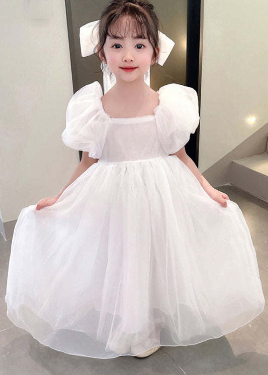 Simple White Square Collar Patchwork Tulle Girls Vacation Long Dresses Summer