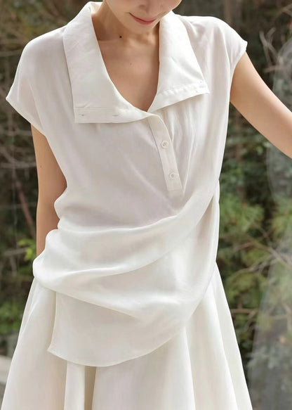Simple White Stand Collar Asymmetrical Design Cotton Two Pieces Set Summer