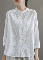 Simple White Stand Collar Embroidered Patchwork Cotton Blouses Long Sleeve