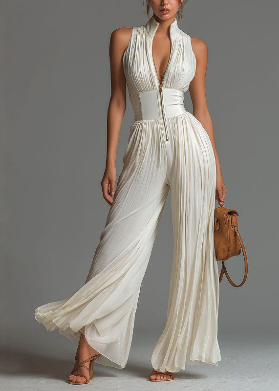 Simple White Stand Collar Patchwork Solid Jumpsuit Summer