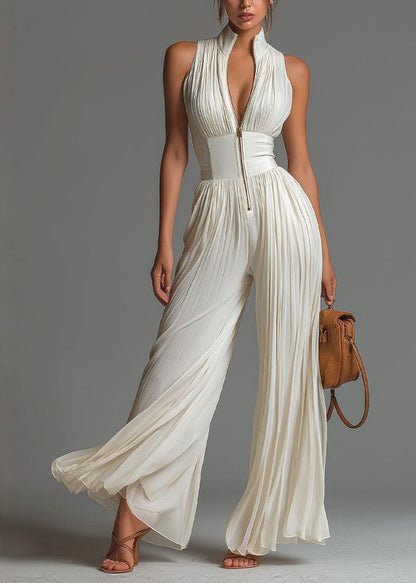Simple White Stand Collar Patchwork Solid Jumpsuit Summer
