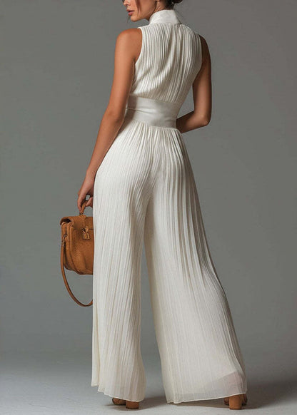 Simple White Stand Collar Patchwork Solid Jumpsuit Summer