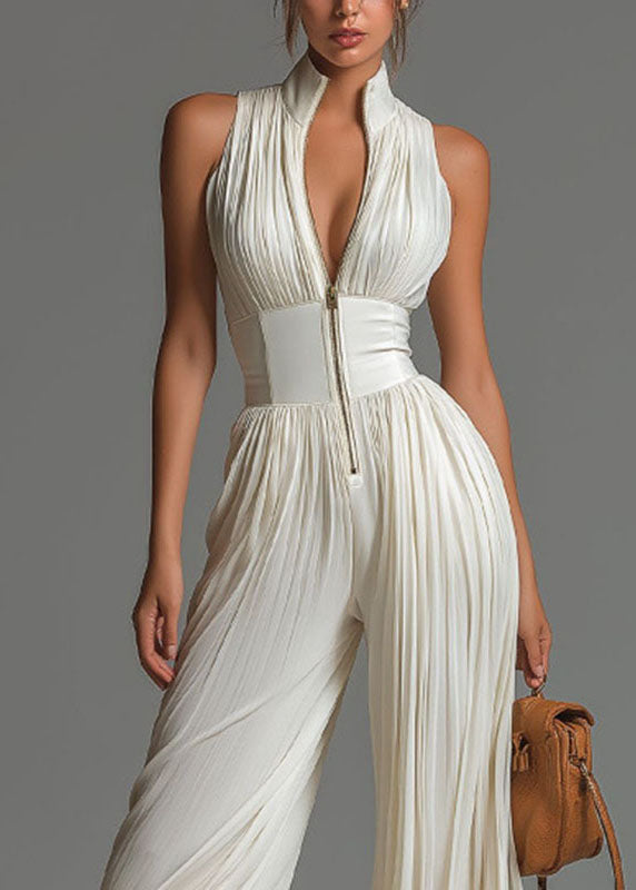 Simple White Stand Collar Patchwork Solid Jumpsuit Summer