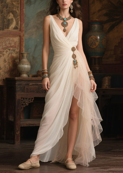 Simple White Tasseled Side Open Tulle Vestidos Dress Summer