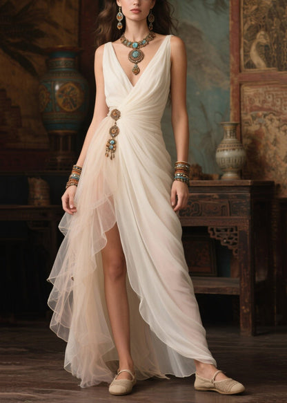 Simple White Tasseled Side Open Tulle Vestidos Dress Summer