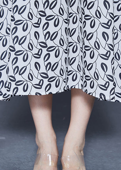 Simple White V Neck Oversized Print Chiffon Long Dresses Spring