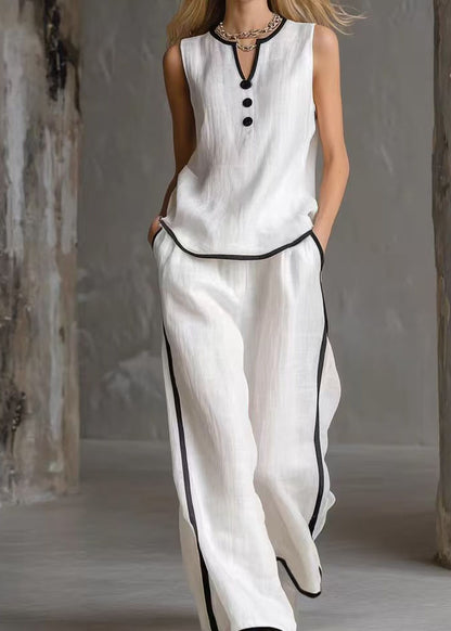 Simple White V Neck Patchwork Cotton Two Pieces Set Summer