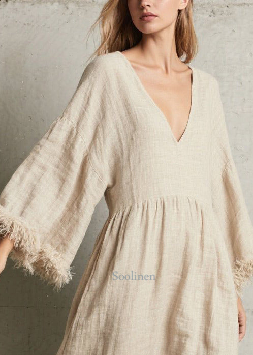 Simple White V Neck Patchwork Faux Fur Ankle Dress Fall
