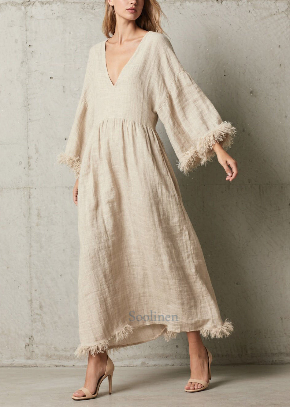 Simple White V Neck Patchwork Faux Fur Ankle Dress Fall