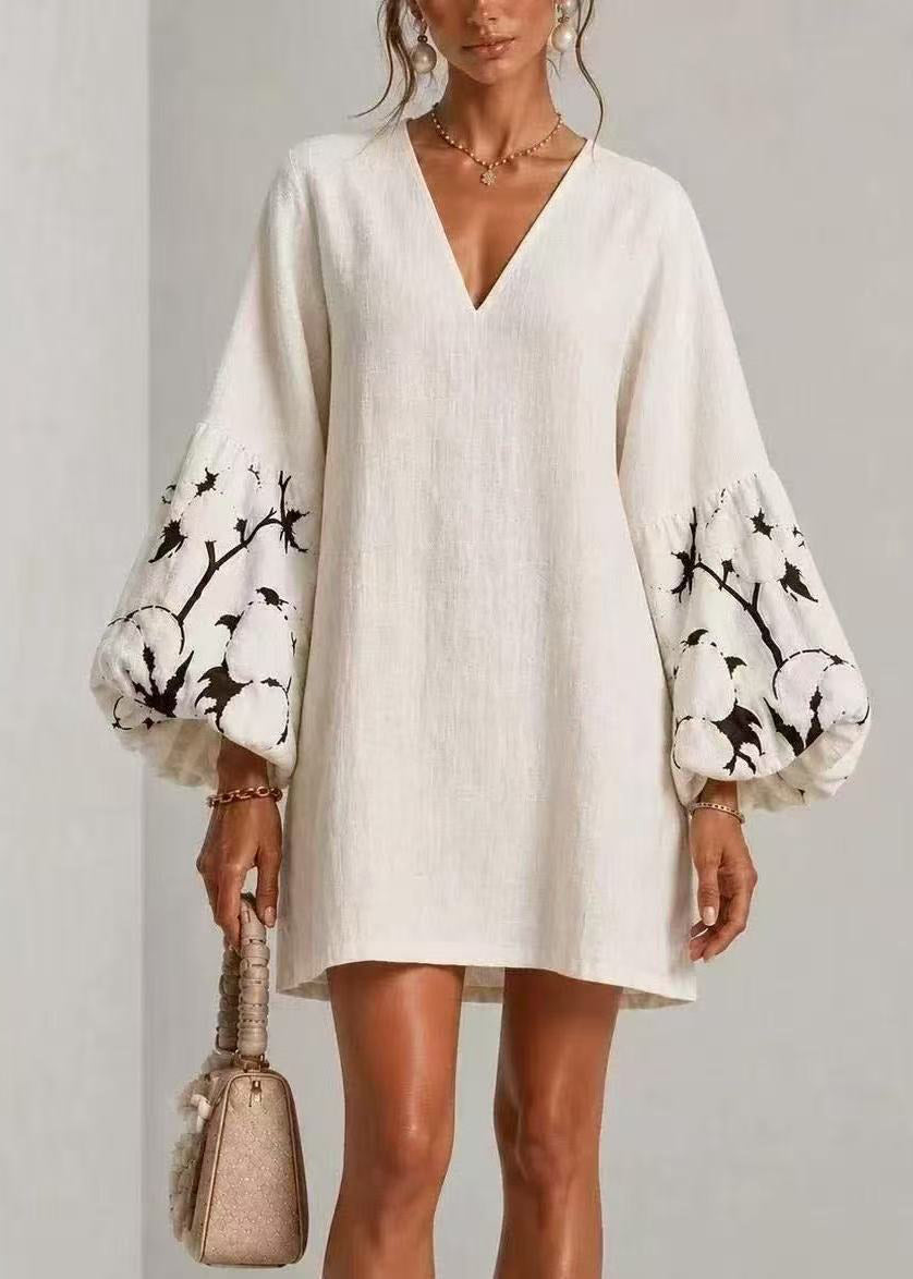 Simple White V Neck Print Mini Dresses Lantern Sleeve