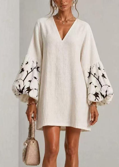 Simple White V Neck Print Mini Dresses Lantern Sleeve