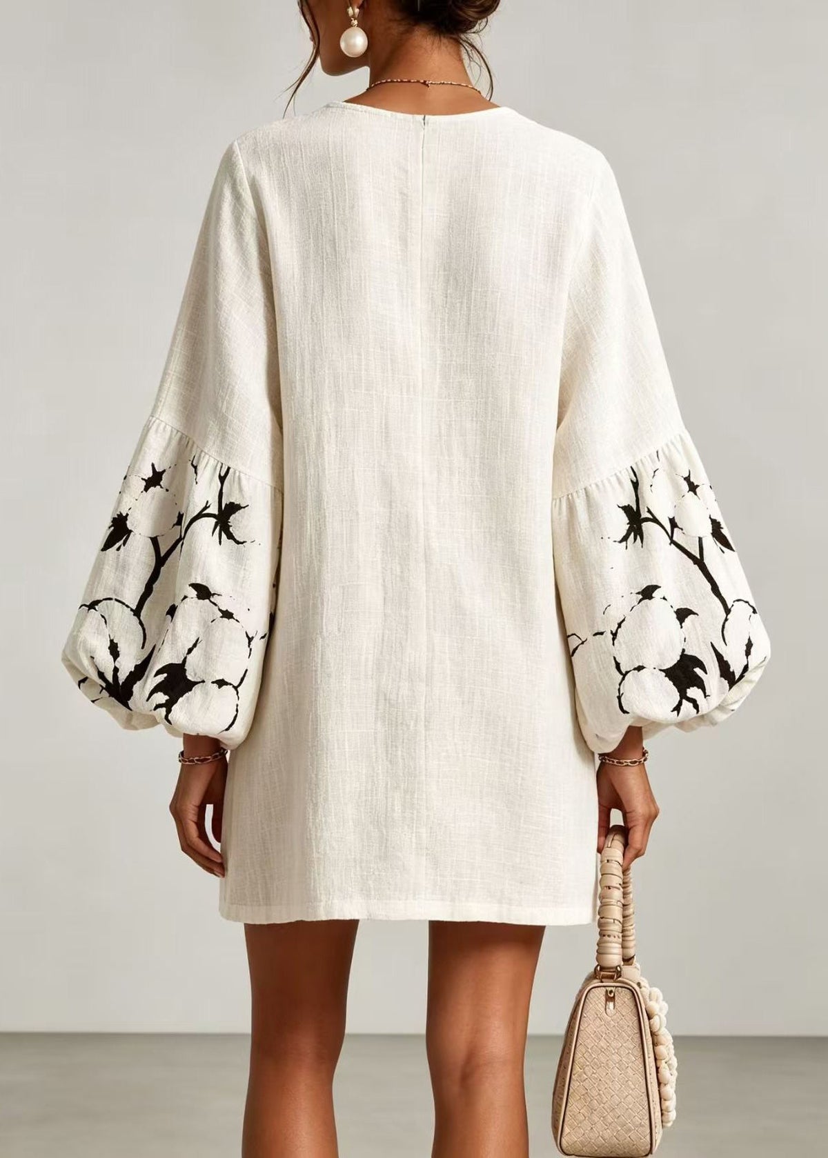 Simple White V Neck Print Mini Dresses Lantern Sleeve