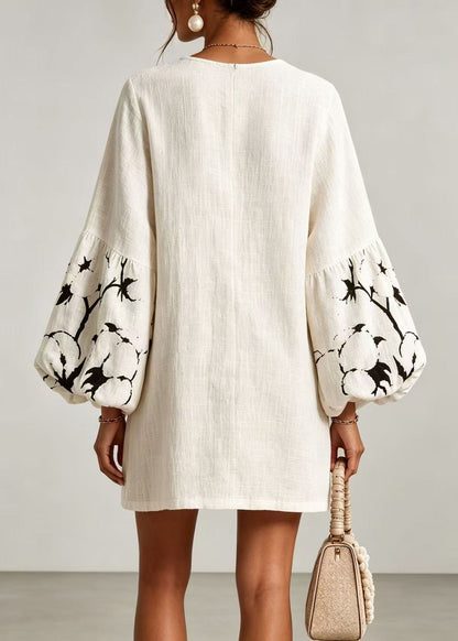 Simple White V Neck Print Mini Dresses Lantern Sleeve
