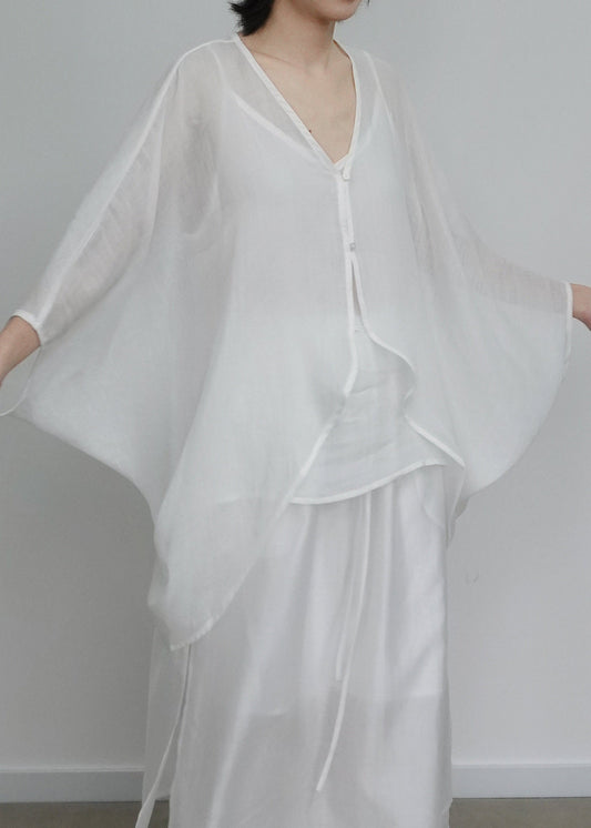 Simple White V Neck Tie Lace Cardigans And Vest Two Piece Set Batwing Sleeve