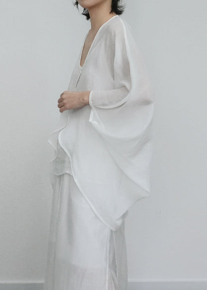 Simple White V Neck Tie Lace Cardigans And Vest Two Piece Set Batwing Sleeve
