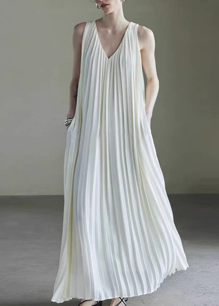 Simple White V Neck Wrinkled Chiffon Long Dress Sleeveless