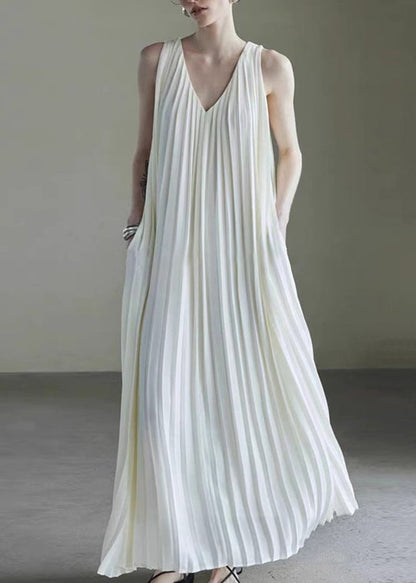 Simple White V Neck Wrinkled Chiffon Long Dress Sleeveless