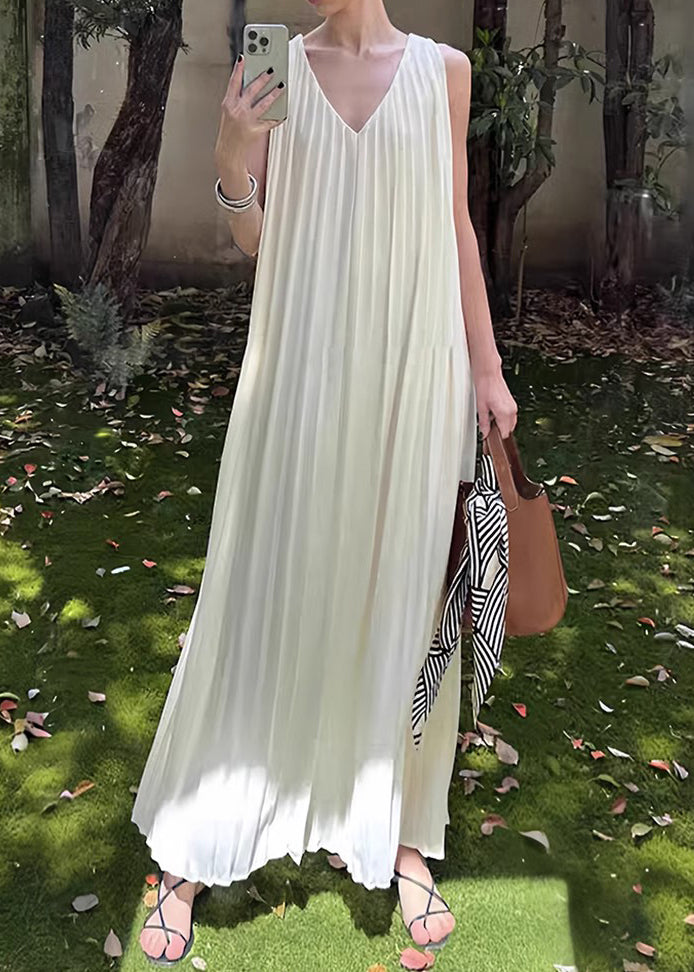Simple White V Neck Wrinkled Chiffon Long Dress Sleeveless