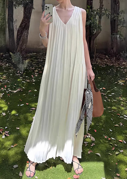 Simple White V Neck Wrinkled Chiffon Long Dress Sleeveless