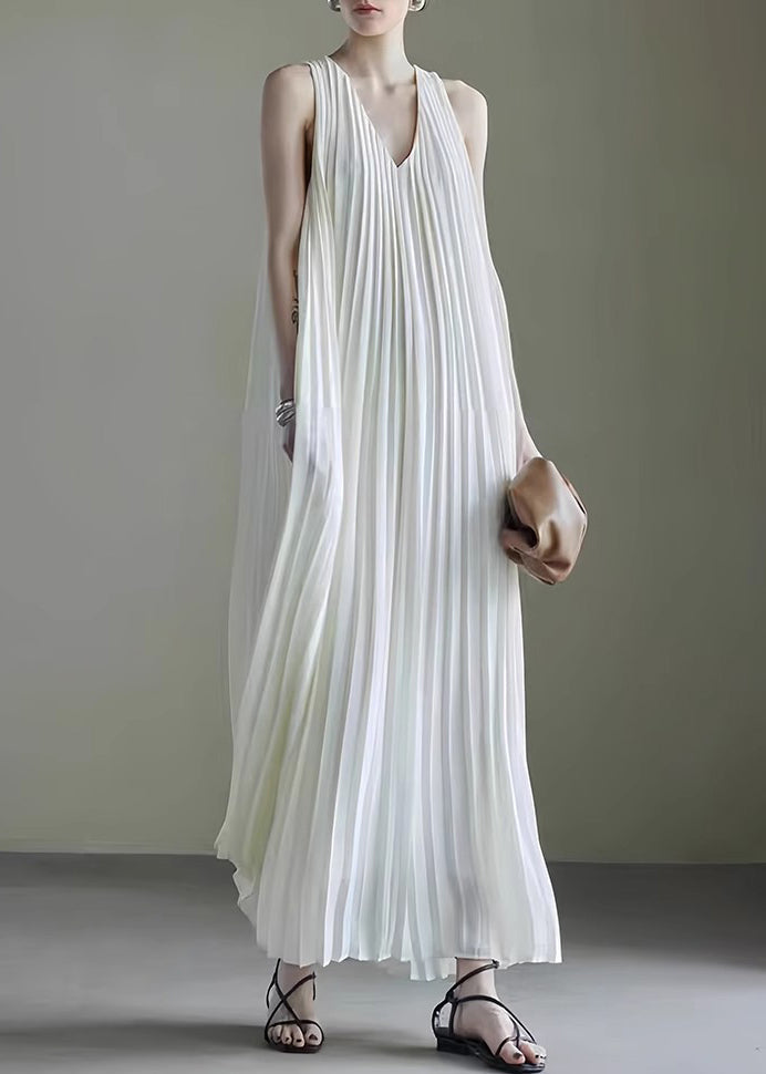 Simple White V Neck Wrinkled Chiffon Long Dress Sleeveless