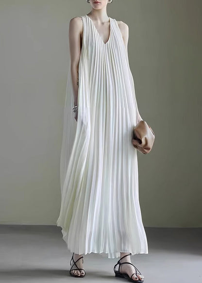 Simple White V Neck Wrinkled Chiffon Long Dress Sleeveless