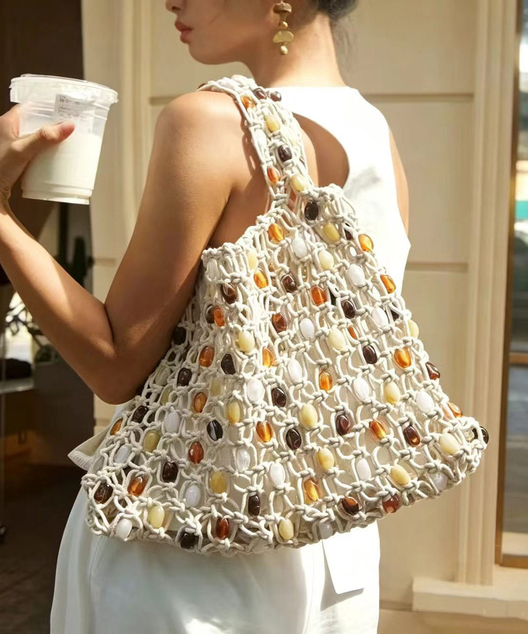 Simple White Weave Multicolour Beading Cut Out Shoulder Bag