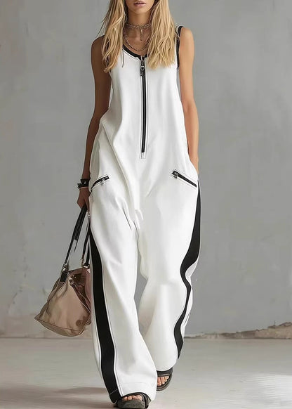 Simple White Zip Up Patchwork Cotton Overalls Jumpsuit Sleeveless