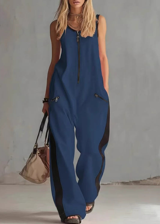 Simple White Zip Up Patchwork Cotton Overalls Jumpsuit Sleeveless