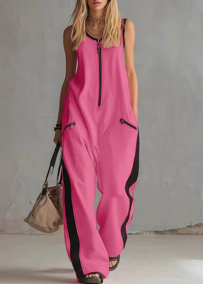 Simple White Zip Up Patchwork Cotton Overalls Jumpsuit Sleeveless