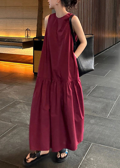 Simple Wine Red Pockets Wrinkled Solid Cotton Long Dresses Sleeveles