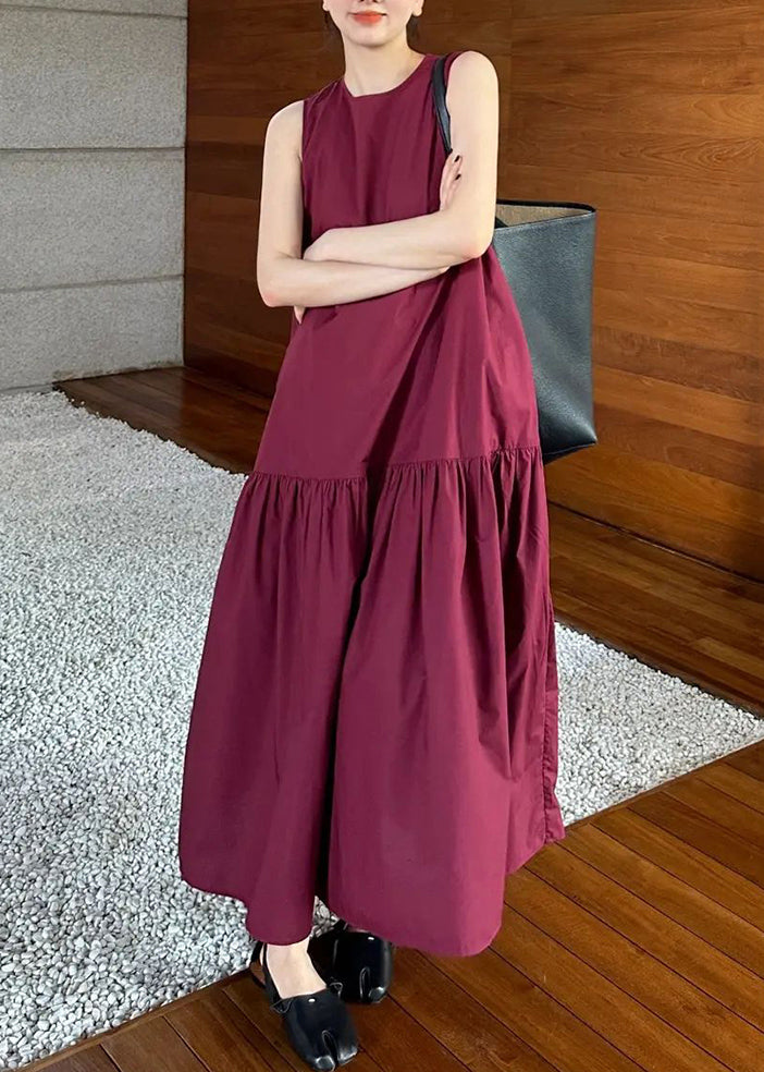 Simple Wine Red Pockets Wrinkled Solid Cotton Long Dresses Sleeveles