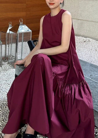 Simple Wine Red Pockets Wrinkled Solid Cotton Long Dresses Sleeveles