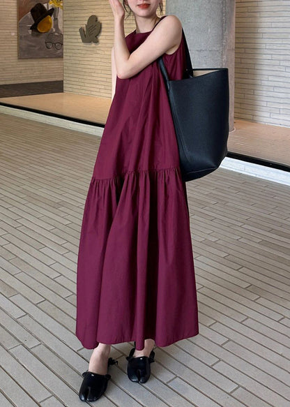 Simple Wine Red Pockets Wrinkled Solid Cotton Long Dresses Sleeveles