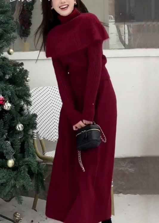 Simple Wine Red Turtleneck Cape Sweaters And Skirts Knit Three Pieces Set Winter
