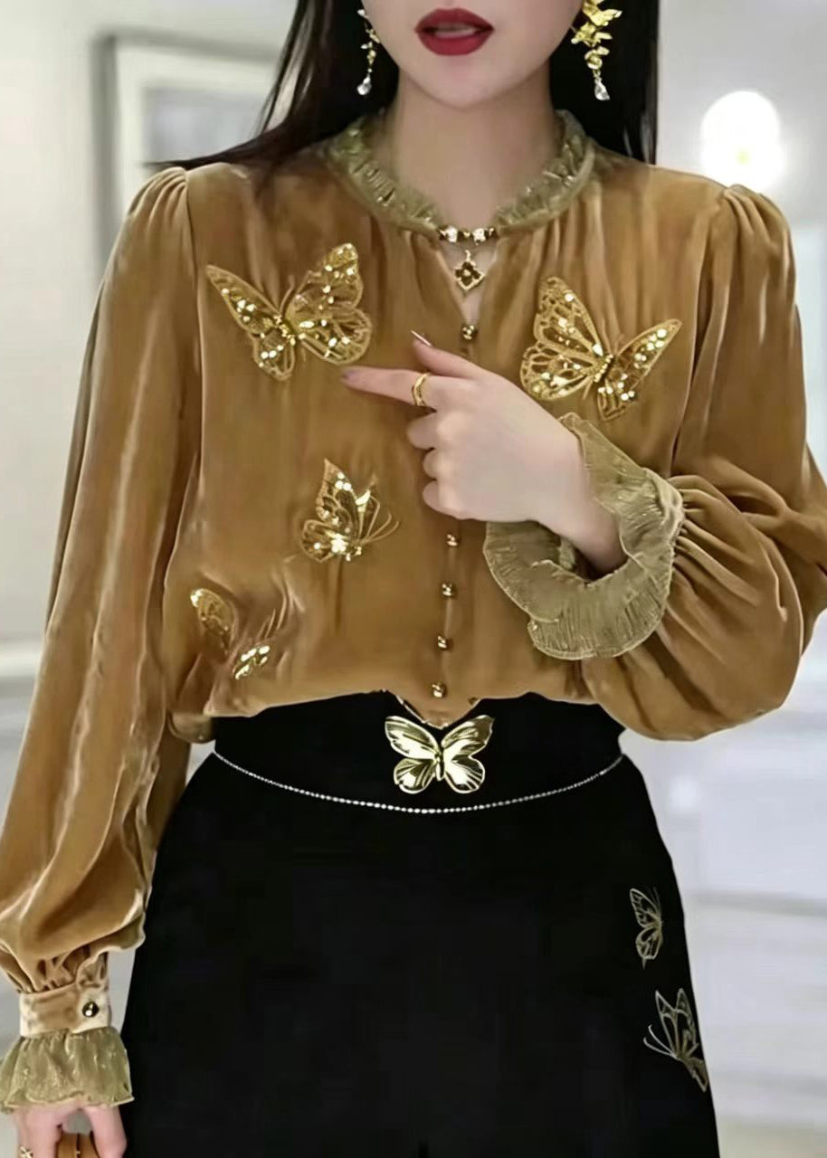 Simple Yellow Embroidered Butterfly Sequins Silk Velour Shirt Long Sleeve