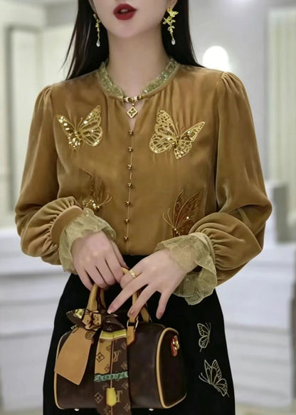 Simple Yellow Embroidered Butterfly Sequins Silk Velour Shirt Long Sleeve