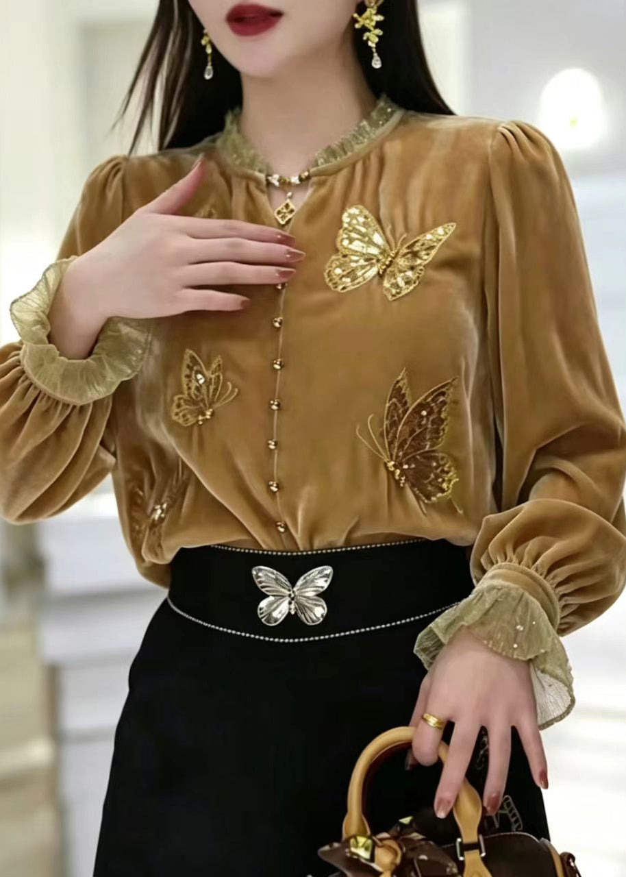Simple Yellow Embroidered Butterfly Sequins Silk Velour Shirt Long Sleeve