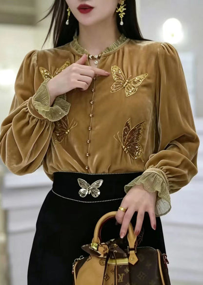 Simple Yellow Embroidered Butterfly Sequins Silk Velour Shirt Long Sleeve