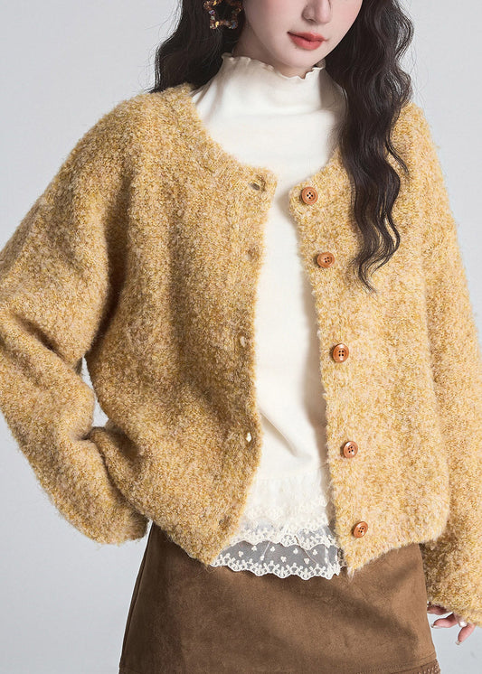 Simple Yellow O-Neck Butto Solid Cotton Knit Cardigans Long Sleeve