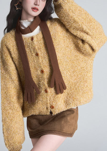 Simple Yellow O-Neck Butto Solid Cotton Knit Cardigans Long Sleeve