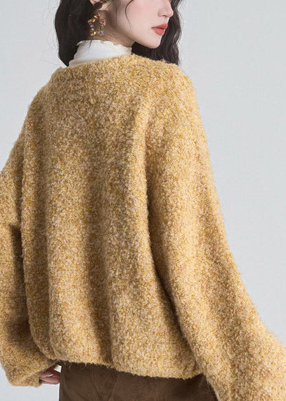 Simple Yellow O-Neck Butto Solid Cotton Knit Cardigans Long Sleeve