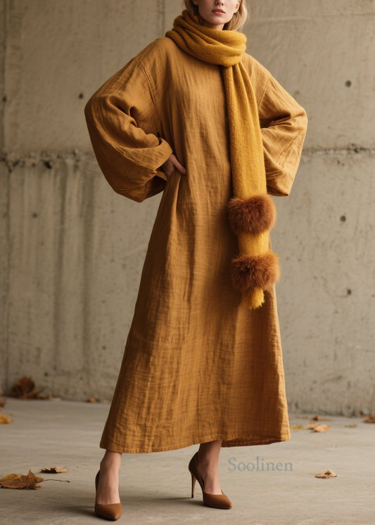 Simple Yellow O Neck Cotton Long Dress Lantern Sleeve