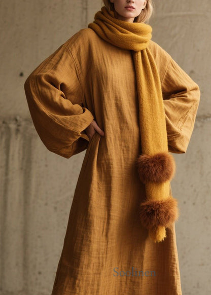 Simple Yellow O Neck Cotton Long Dress Lantern Sleeve